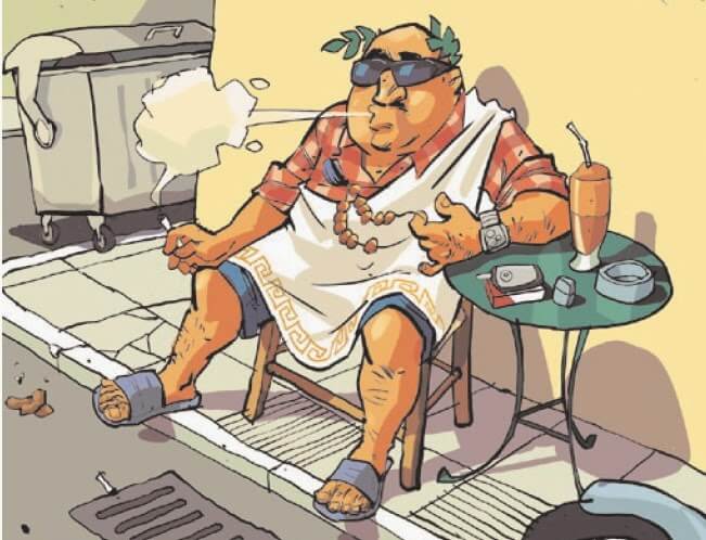 Cartoon of a greek guy sat smoking like he doesn't have a care in the world
